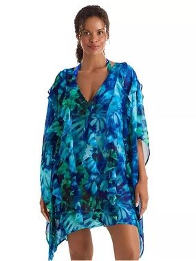 Mimi Flamingo Breeze Poncho Sheer Ruffle Tunic Women S/M Blue Green Resort Beach